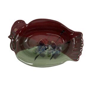Signed Kent Follette Art Pottery Cranberry Red Green Chicken Oblong Bowl Turkey